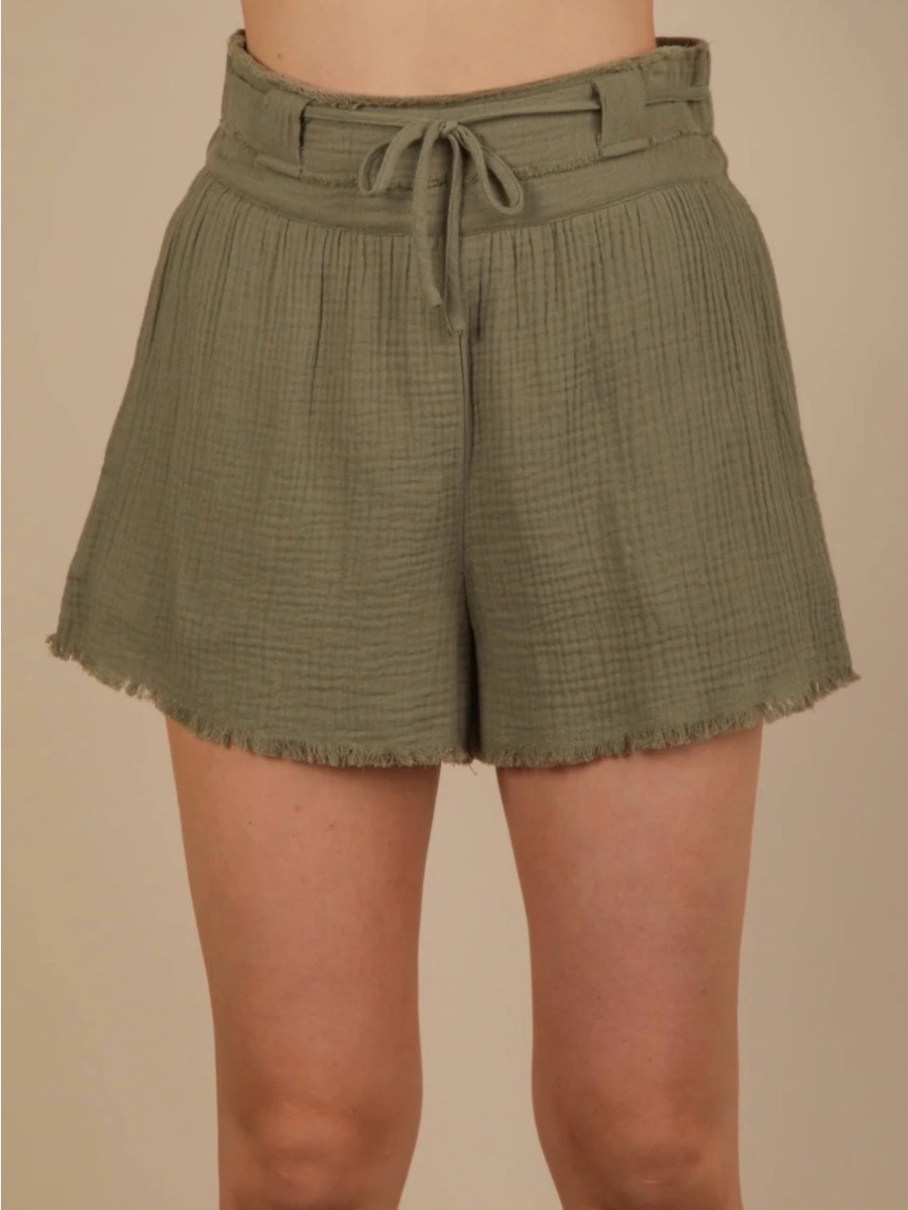 Very J Olive High Waist Cotton Gauze Shorts